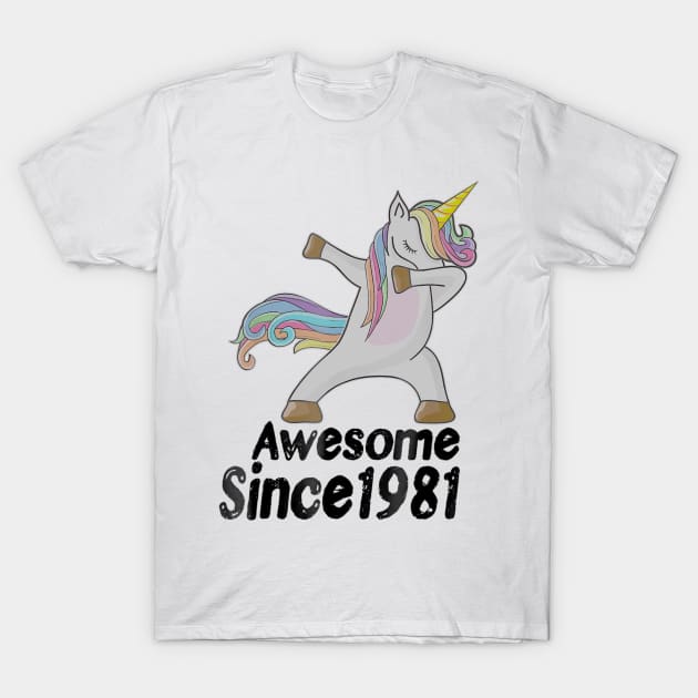 38th Birthday Gift Awesome Since 1981 Unicorn Dabbing T-Shirt by bummersempre66